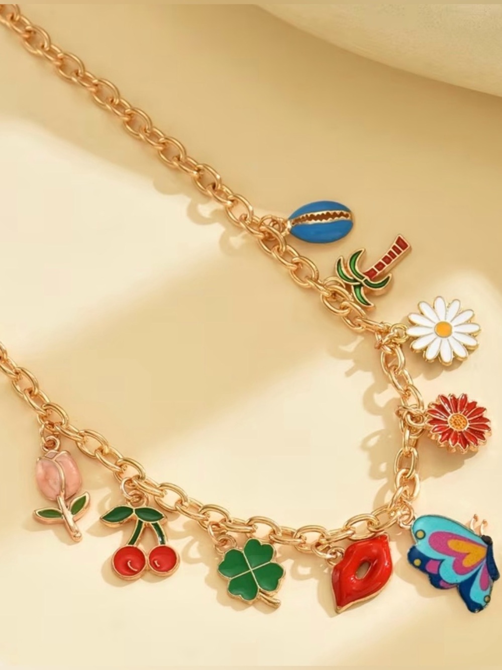 Gold Colorful Enamel Charm Bracelet - Floral & Butterfly Motifs